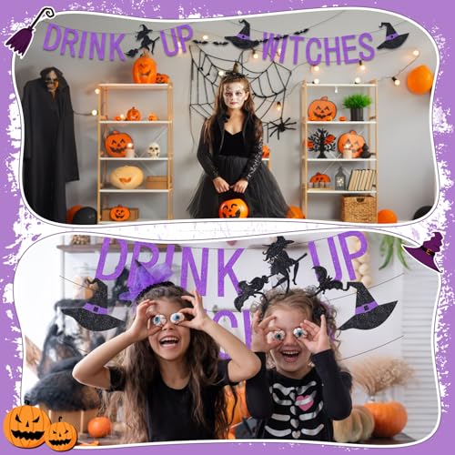 Halloween Drink Up Witches Banner & Bat Garland Set - Purple Glitter Party Decorations