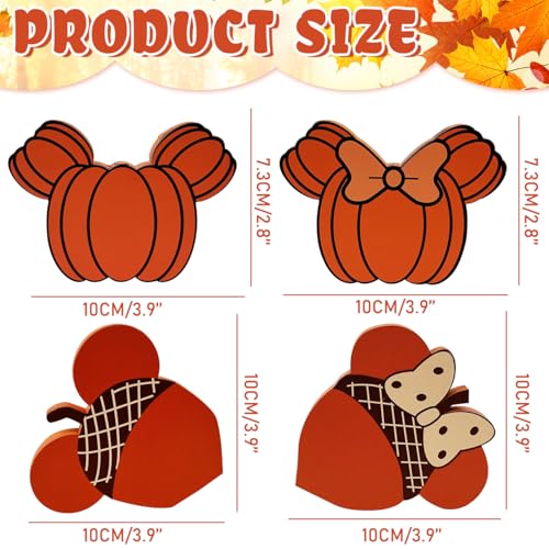 Thanksgiving Fall Wooden Sign Set - 4 Cute Pumpkin Mouse Decor for Home & Table