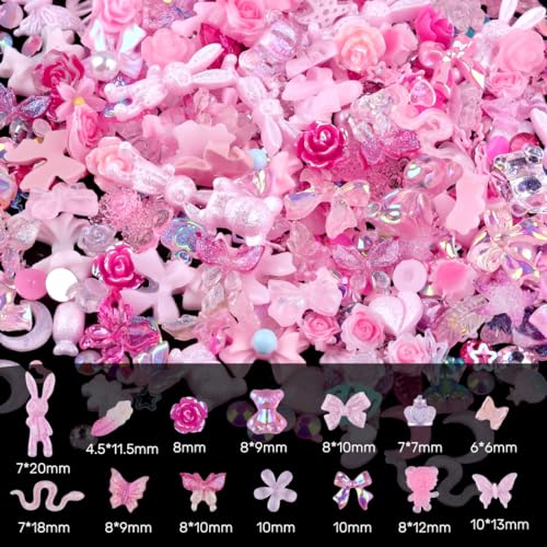 Pink Nail Art Charms Kit - 100pcs Resin Gems & Flatback Rhinestones