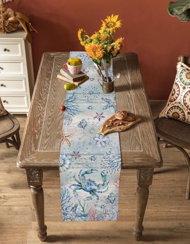 Nautical Crab Table Runner 13 x 60 Inches Coastal Farmhouse Decor