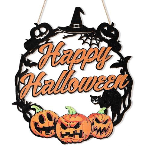 Halloween Wooden Ghost Door Sign Wreath - Large Pumpkin & Black Cat Variation