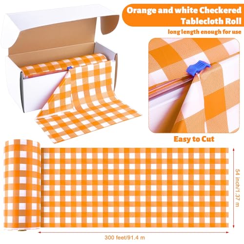 Orange Checkered Plastic Tablecloth Roll - 54x300 Ft Waterproof Disposable with Easy Cut for Outdoor & Party Use - Classic Variation