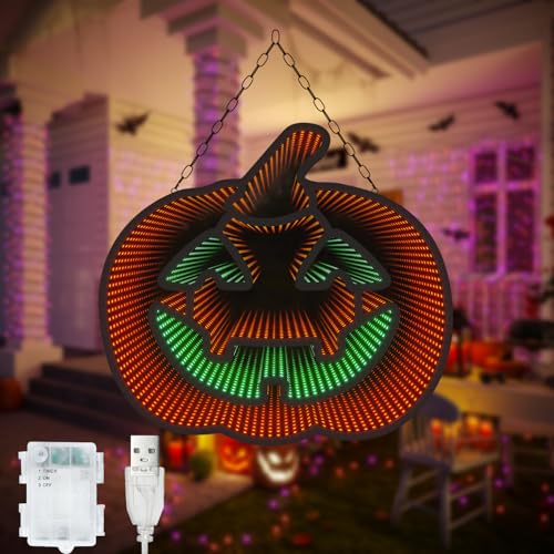 3D Infinite Mirror Pumpkin Night Light - Halloween LED Decor for Indoor & Outdoor, Battery & USB Powered, 12.2 x 16.54 Inches, Halloween Pumpkin Light - Black+Pink