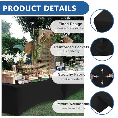 Stretch Spandex Fitted Table Cover for 6ft Rectangular Tables - Black, 6 Pack
