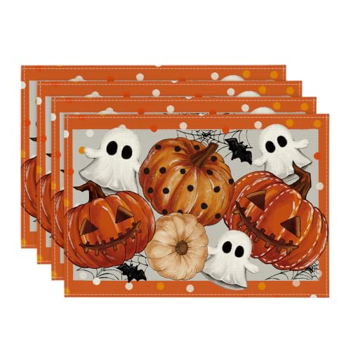 Jack O Lantern Halloween Placemats Set of 4 - 12 x 18 Inch Orange Rectangular