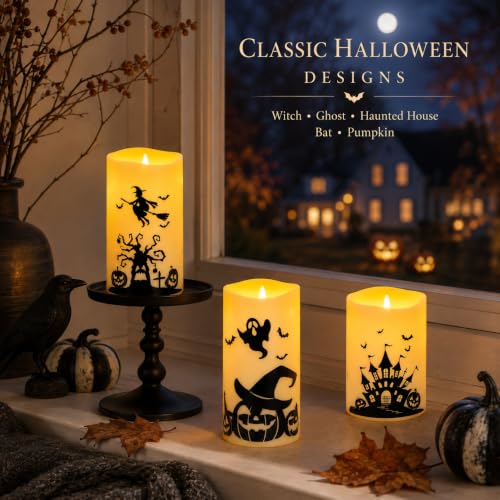 Halloween Flameless LED Pillar Candles with Remote Timer - 5 Pack
