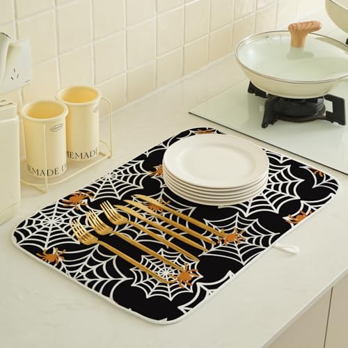 Halloween Dish Drying Mat 18x24 Inch Black Orange Spider Web Pattern - Fall Kitchen Decor