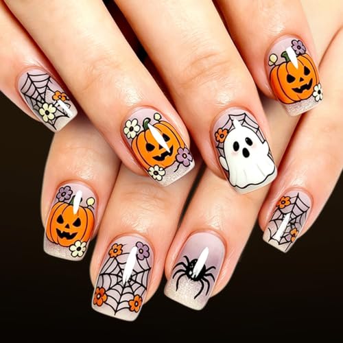 Halloween Press-On Nails Short Square with Ghost Spider Web Glitter - Light Purple 24 Pack