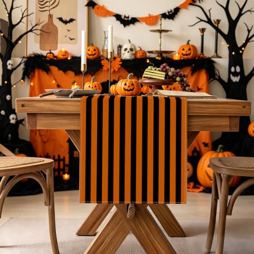 Halloween Orange Black Striped Table Runner - 13 x 72 Inches, Fall Carnival Decor