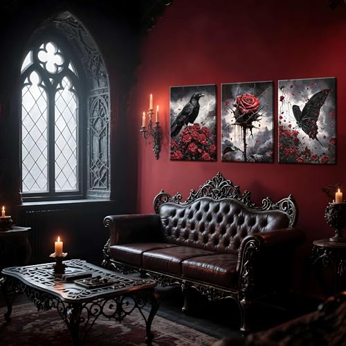 Gothic Crow Wall Art Set - 3 Pieces Canvas Prints with Roses & Skulls, Framed Halloween Decor, 16x12 inches - Crow Rose Variation
