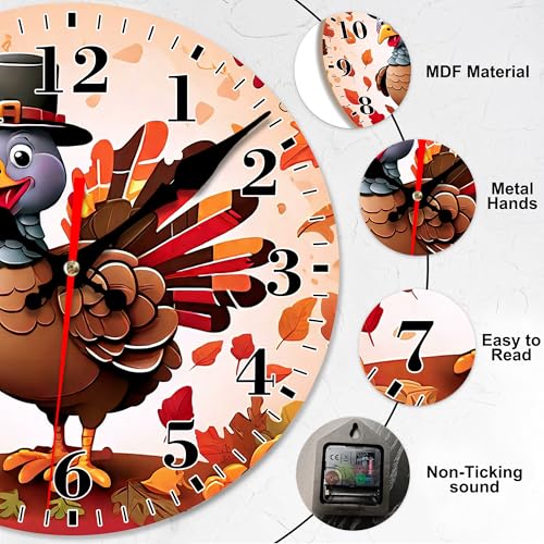 Silent Battery Operated Wall Clock - Cute Thanksgiving Turkey Decor 12 Inch