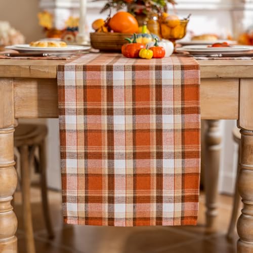 Joyfol Day Rust Tartan Table Runner 13x108 Inch Fall & Halloween Decor - Washable & Scratch-Proof