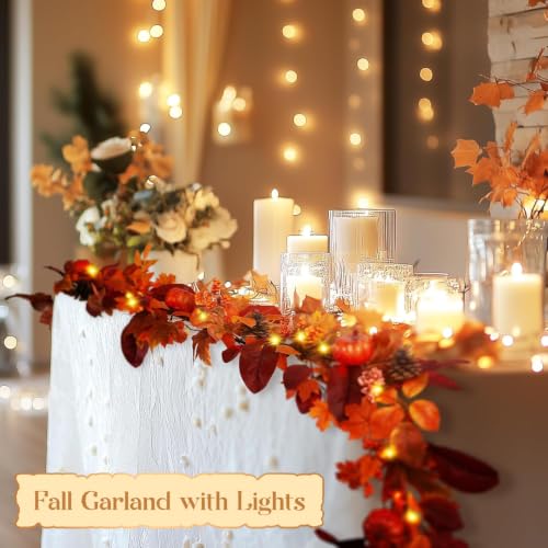 Orange Fall Garland with Lights and Timer - 6ft Autumn Decor with Pumpkins & Leaves