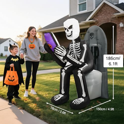 6.1FT Halloween Inflatable Skeleton & Tombstone Outdoor Decoration with LED Lights