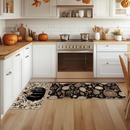 Black Pumpkin Fall Kitchen Mats Set of 2 - 17x29 and 17x47 Inches