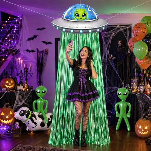 Alien Birthday Party Decorations Set UFO Inflatable Door Curtain & Balloons
