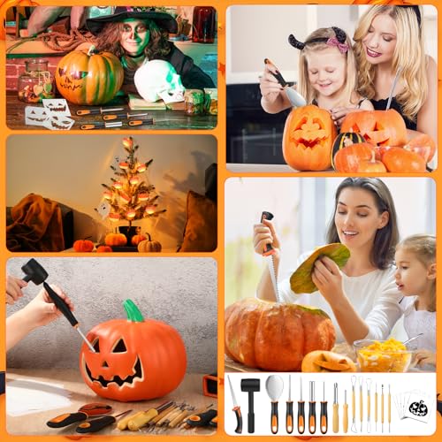 Halloween Pumpkin Carving Kit with 13 Stainless Steel Tools, 4 LED Lights & 18 Stencils