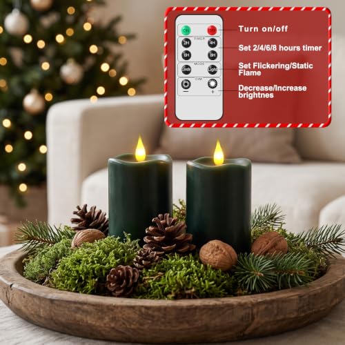 Retisee Flameless LED Candles with Remote, Real Wax, Dark Green, 3x4 Inches - Pack of 2