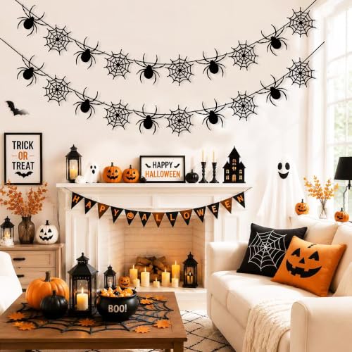 Halloween Spider Web Banner Garland - Felt Spiders & Webs, Indoor Outdoor Decorations