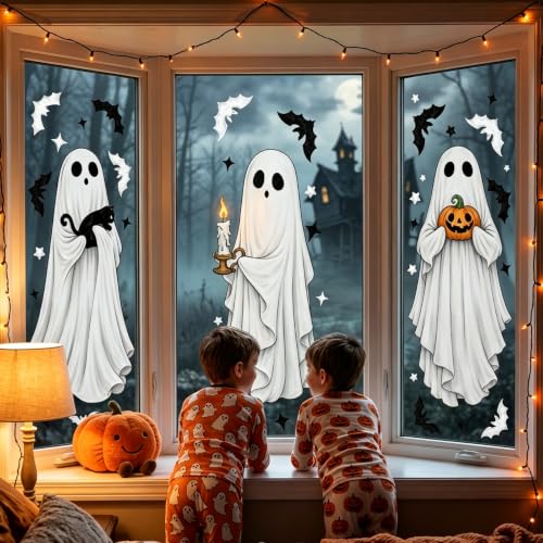 Large Halloween Ghost Window Clings - White Ghost, Double-Sided Stickers, 3 Sheets