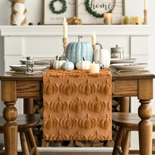 Artoid Mode Caramel Faux Fur Pumpkins Fall Table Runner 13x72 Inch