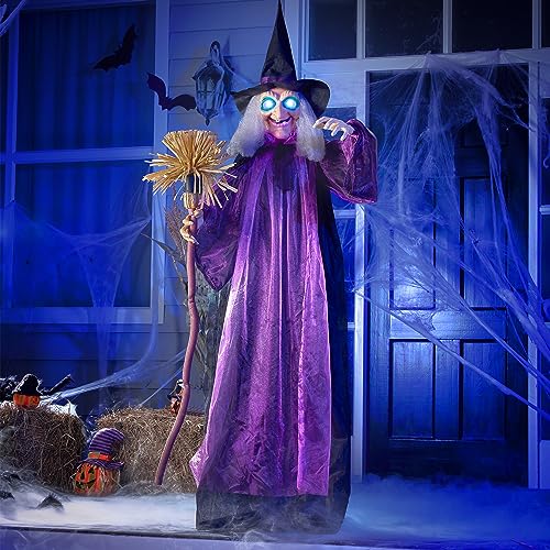 Purple Outdoor Halloween Animatronic Witch - Life Size with LED Eyes & Creepy Sound