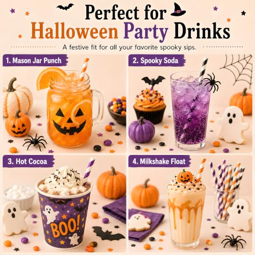 Paper Drinking Straws Set - Orange, Black, Purple for Halloween & Parties - 100 Pack