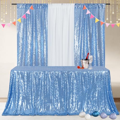 Baby Blue Sequin Tablecloth 90x156 Inch Rectangular Sparkly Fabric for Events - Poise3EHome