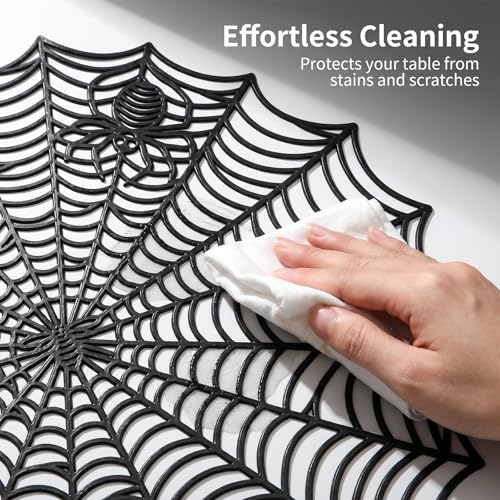 Halloween Spider Web Placemats Set of 4 - Black Round Washable Table Decor