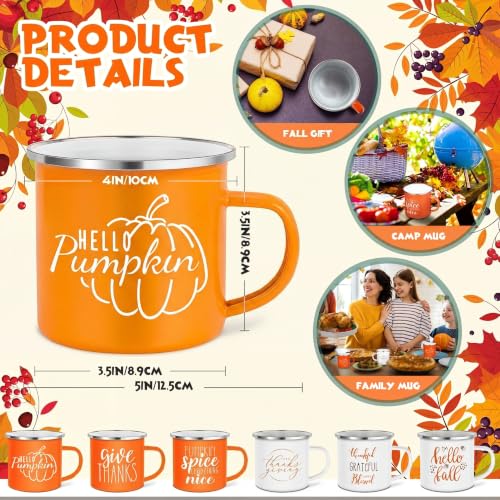 Autumn Harvest 12oz Enamel Camping Coffee Mugs Set - Hello Fall Pumpkin Spice - 6 Styles