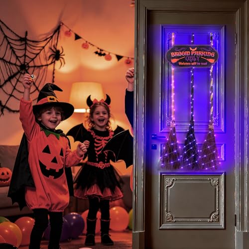 Halloween Broom Parking Sign with 3 Witch Brooms & Purple Lights - Whimsical Outdoor Decor