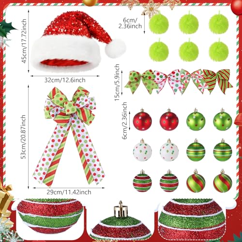 Halfchet Christmas Hat Hanging Ornament - 43 Pcs Holiday Tree Decorations with Ribbon Candy Red White and Green - Festive Party Decor