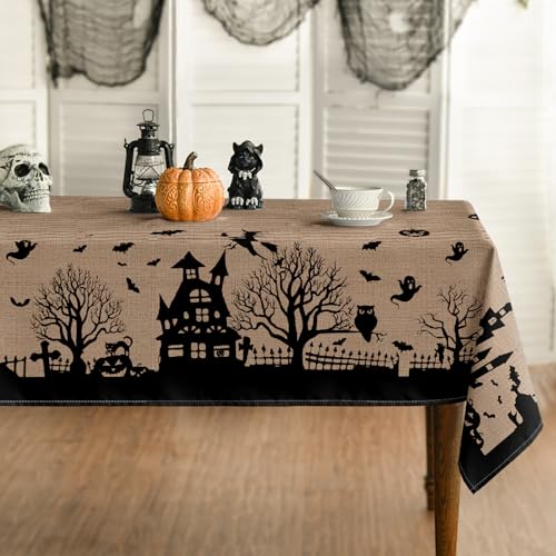 Halloween Tablecloth 60 x 84 Inch Rectangular Castle Tree Scary Beige - Horaldaily