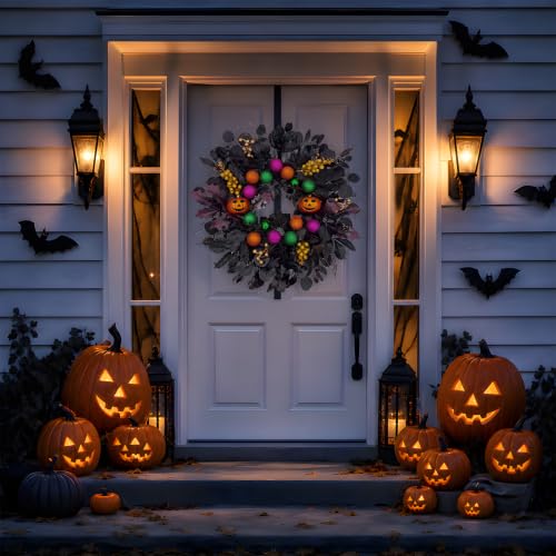 24-Inch Halloween Front Door Wreath with Pumpkins & Eucalyptus Decor