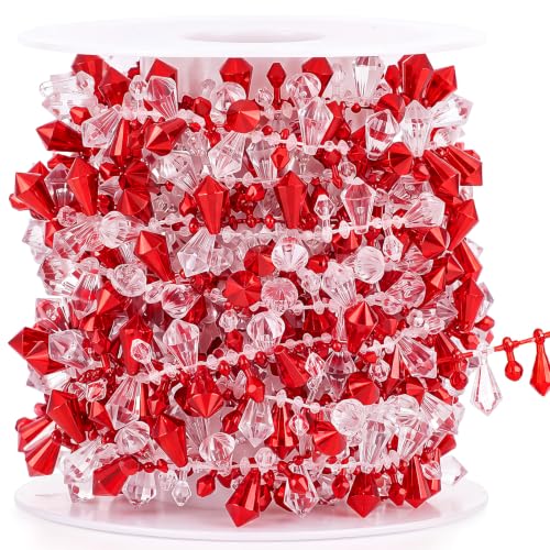 4 Rolls 40 ft Christmas Tree Bead Garland - Wine Red & Clear, Festive Decor