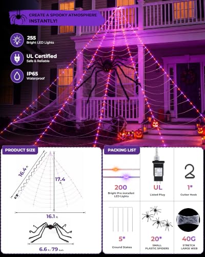 Halloween Spider Web Lights with 255 LEDs - Orange & Purple Outdoor Decoration