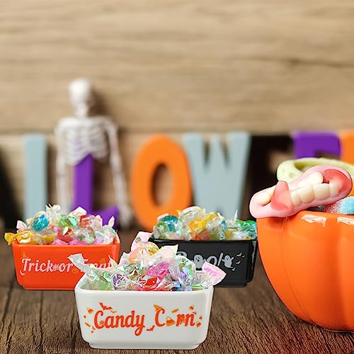 Halloween Ceramic Candy Bowl Set - 3 Pieces, Ghost Pumpkin Bat Design, Black Orange White, 5 oz