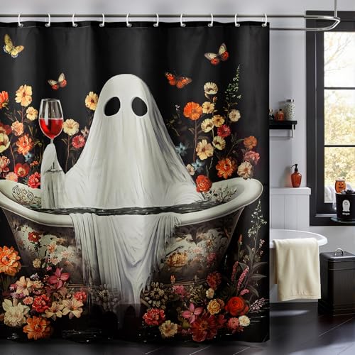 Halloween Shower Curtain - Ghost Design, 72 x 72 Inches, Rustic Bathroom Decor