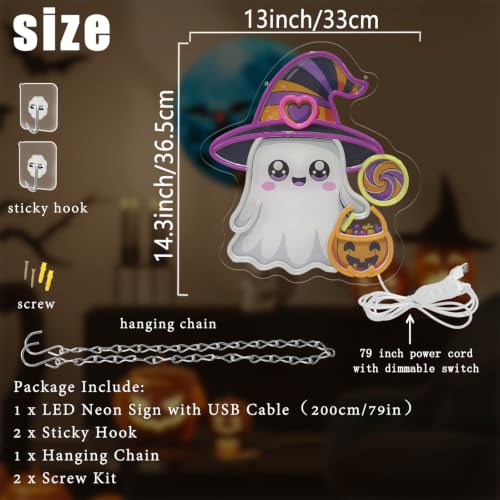 Halloween Ghost Neon Sign Dimmable with Witch Hat - Colorful LED Light