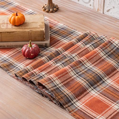 AQOTHES Fall Thanksgiving Rust Orange Plaid Table Runner 13x108 Inches