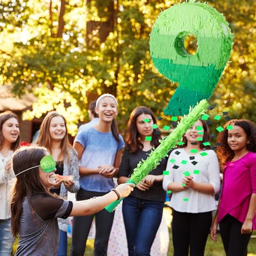 Number 9 Piñata - 16 Inch Green Birthday Party Pinata with Stick & Blindfold