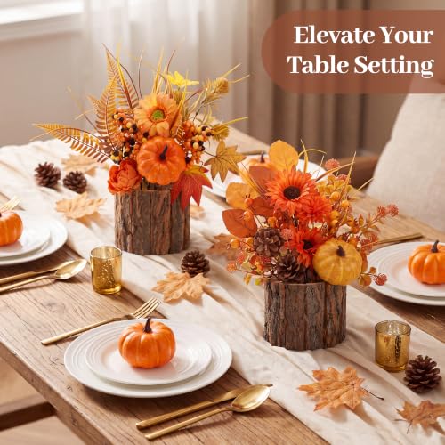 Artificial Fall Table Centerpieces with Rustic Wood Vases - 2 Pack for Thanksgiving & Autumn Decor