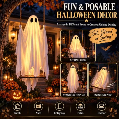 Large 4.5FT Hanging Ghost Swing Halloween Decor with Remote & Adjustable Ropes