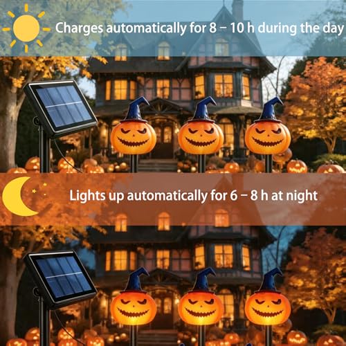 Halloween Solar Pumpkin Stake Lights with Witch Hat - Orange, IP65 Waterproof, Garden Pathway Decor
