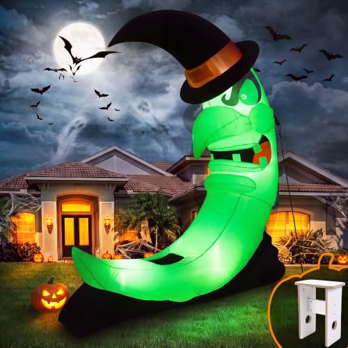 Green 8.9FT Halloween Inflatable Witch Moon Yard Decor with LED Lights & Accessories