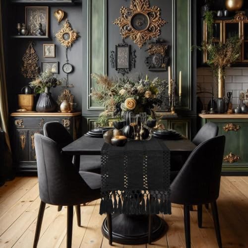 Yuboo 72 Inch Black Gothic Boho Table Runner with Tassels - Fall & Halloween Decor