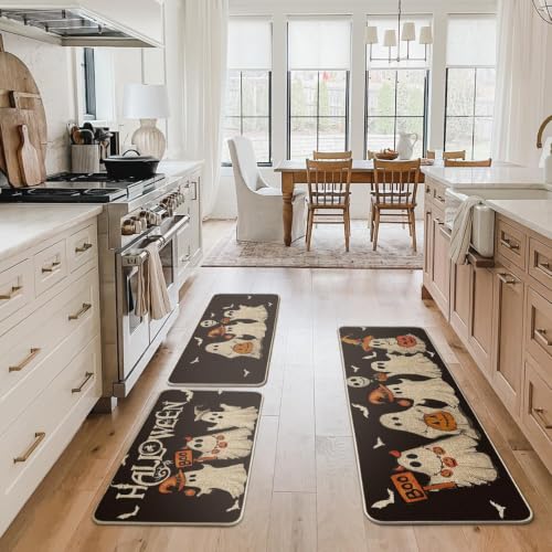 Halloween Kitchen Mats Set of 3 - Black Non-Slip Decorative Floor Mats, 17x29/36/47 Inches