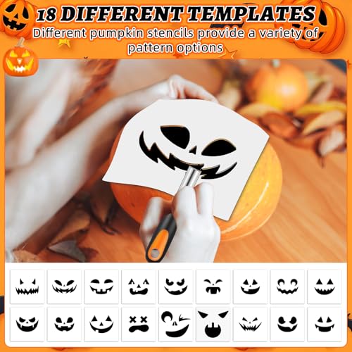 Halloween Pumpkin Carving Kit with 13 Stainless Steel Tools, 4 LED Lights & 18 Stencils