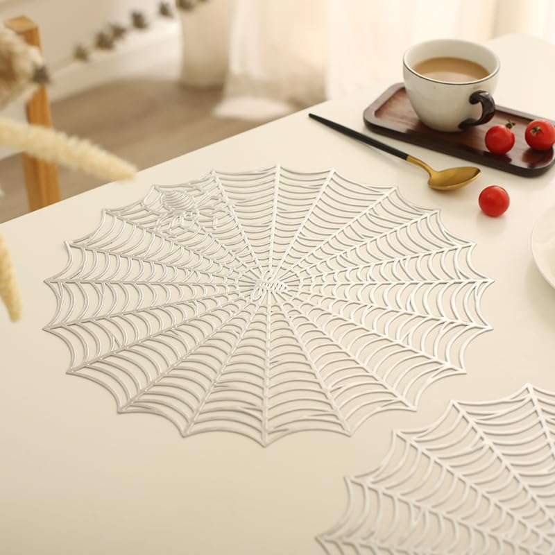 Halloween Spider Web Placemat Set of 2 - Silver Non-Slip Heat Insulation PVC Table Mats
