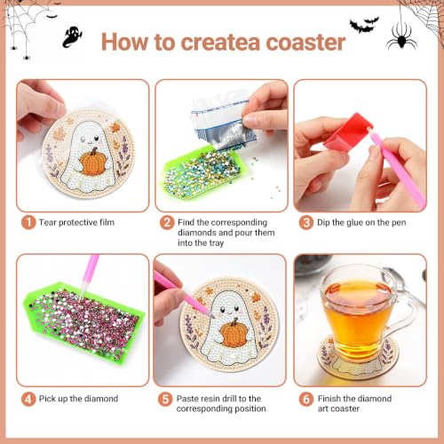 Halloween Ghost Diamond Art Coasters Set with Holder - Wooden DIY Fall Table Decor